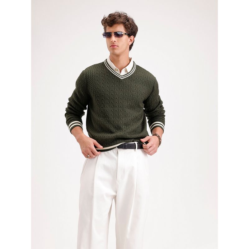 WROGN Olive Acrylic Textured Sweater (M)