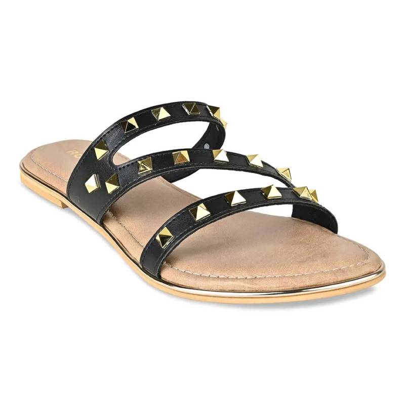 ROCIA Black Women Embellsihed Zig Zag Studded Flats (EURO 36)