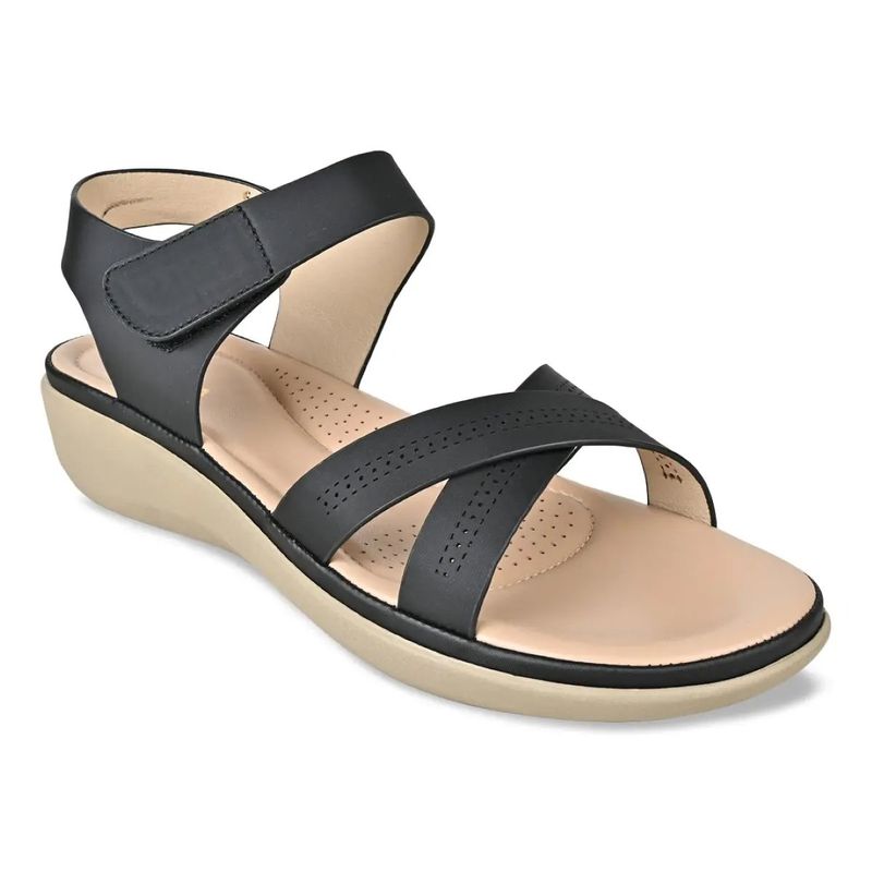 ROCIA Black Women Solid Comfort Flat Sandals (EURO 36)