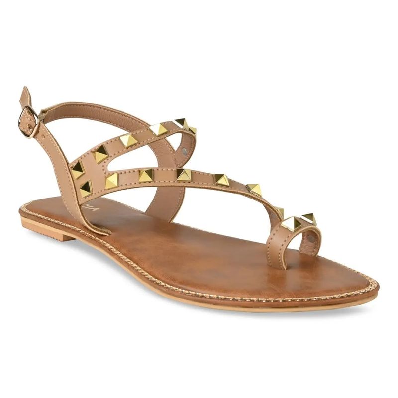 ROCIA Camel Women Embellsihed Studded Flat Sandals (EURO 37)