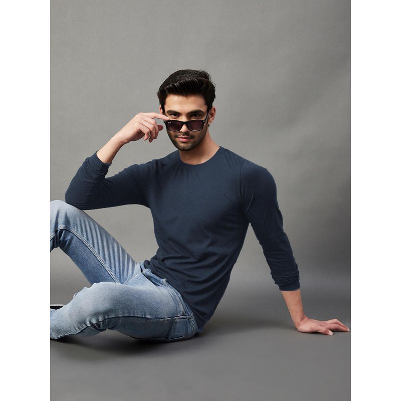 RIGO Men Navy Blue Jersey Solid Regular Fit T-Shirt (S)