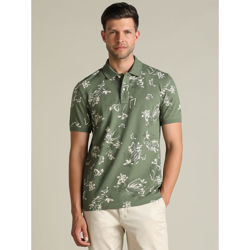 Dockers Men Printed Green Polo Neck Classic Fit T-Shirt (XL)