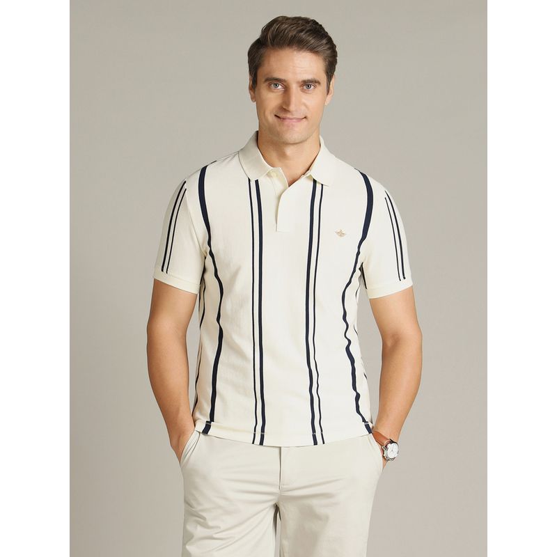 Dockers Men Striped Beige Polo Neck Classic Fit T-Shirt (XL)