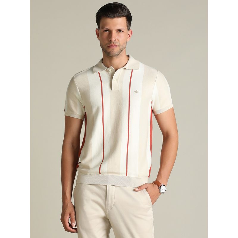 Dockers Men Striped Beige Polo Neck Classic Fit T-Shirt (2XL)