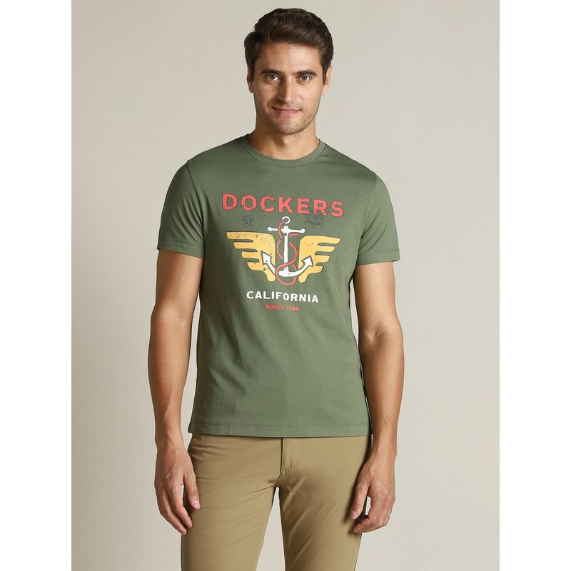 Dockers Men Graphic Print Green Round Neck T-Shirt (2XL)