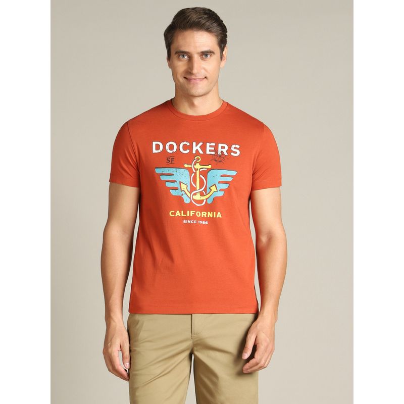 Dockers Men Graphic Print Red Round Neck T-Shirt (M)