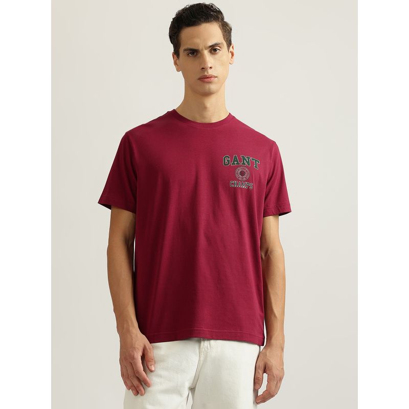 GANT Men Brick Red Solid Round Neck Short Sleeves T-Shirt (S)