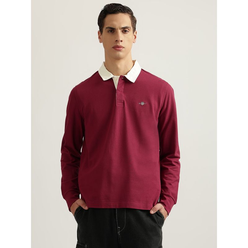 GANT Men Maroon Solid Collared Full Sleeves Polo T-Shirt (XL)