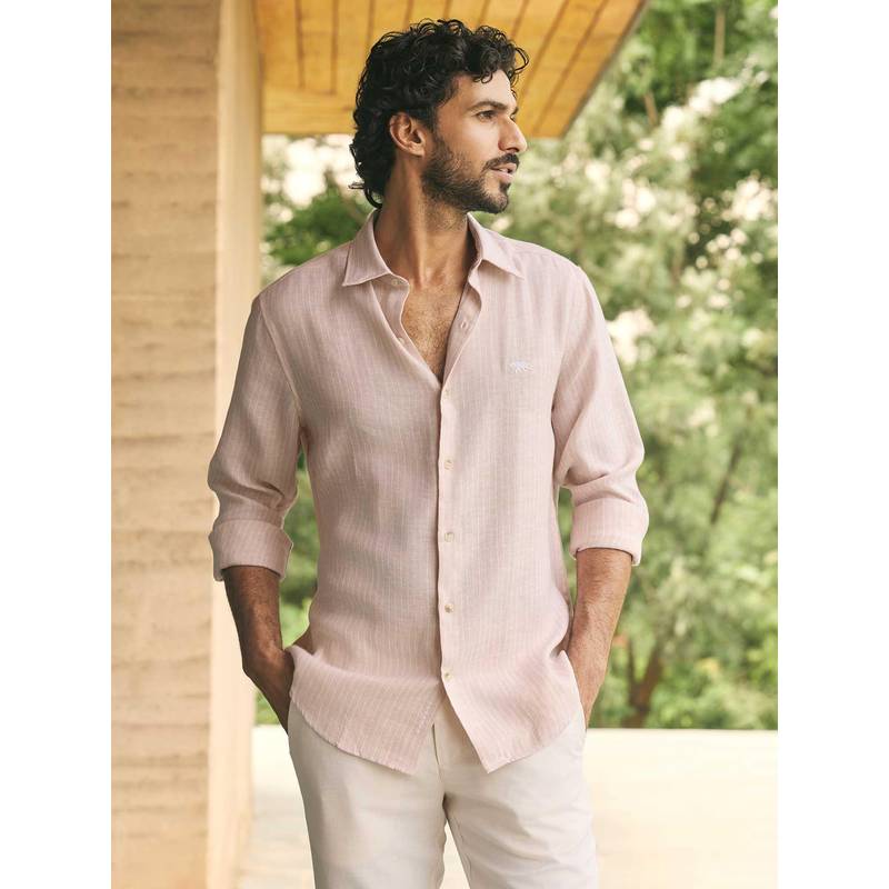Andamen Men Linen Tencel Regular Fit Casual Shirt - Pink (S)