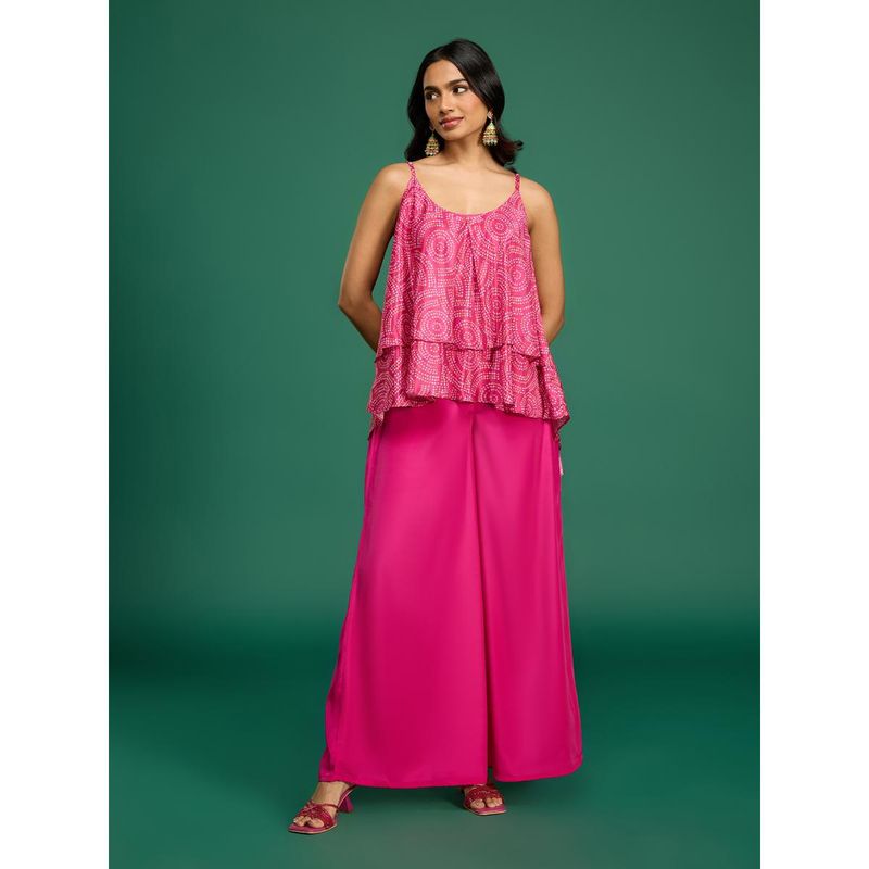 Gajra Gang Casa Mexicana Pink Chinon Bandhani Strappy Top & Palazzo (S)
