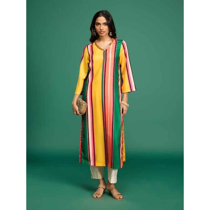 Gajra Gang Casa Mexicana Yellow Crepe Stripe Long Kurta (XS)