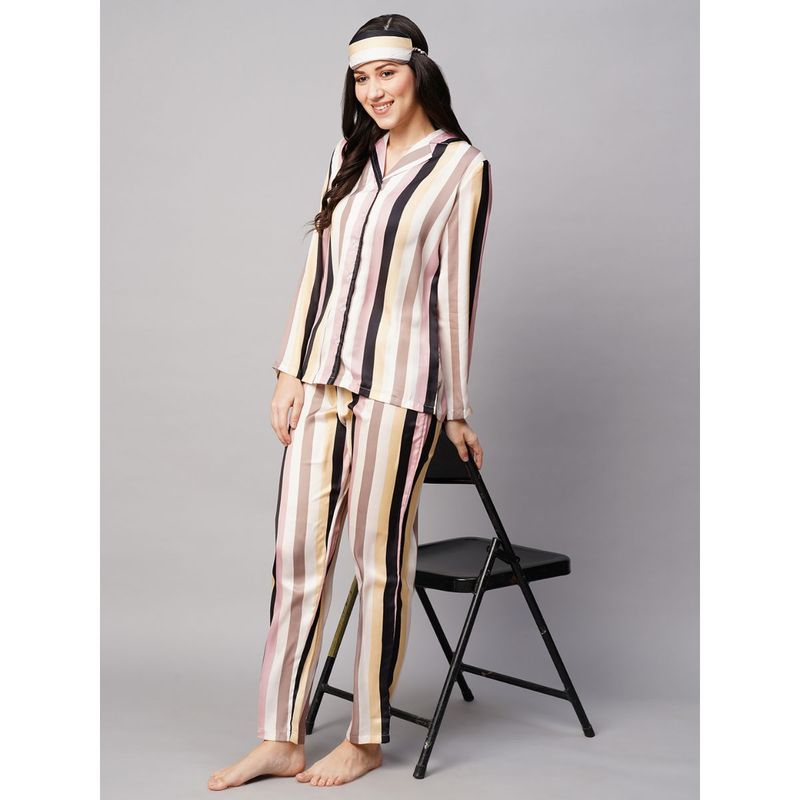 Drape In Vogue Womens White Peach Lining Satin Print Night Suit (S)