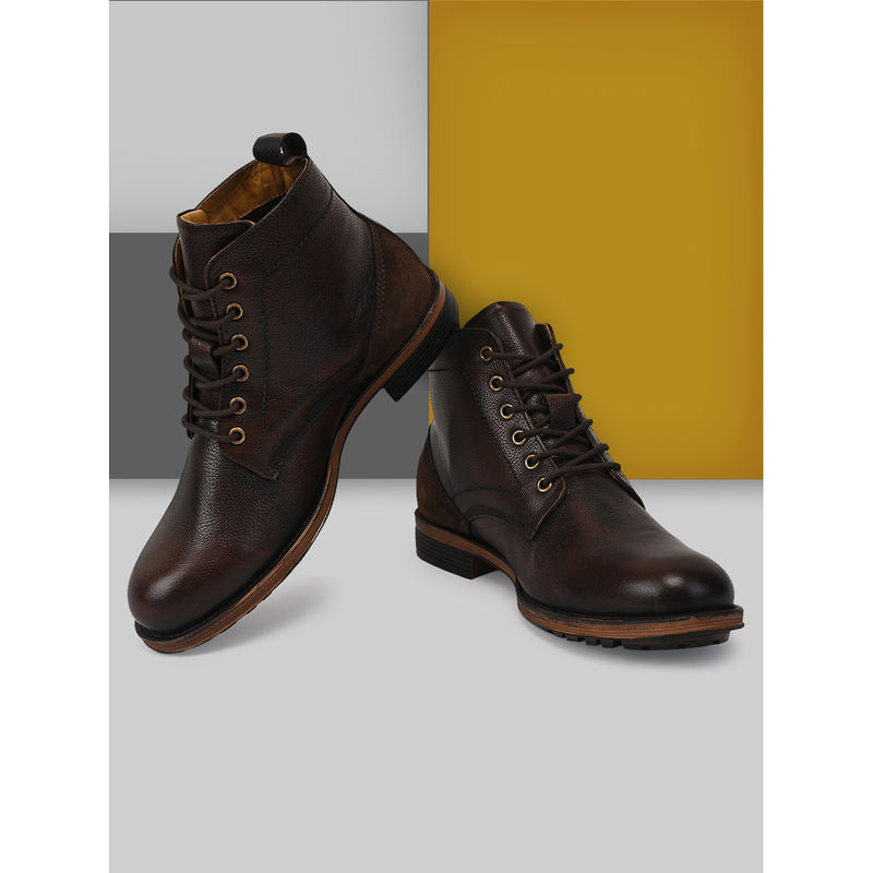 Teakwood Men Brown Solid Genuine Leather Mid Top Boots - Euro 42