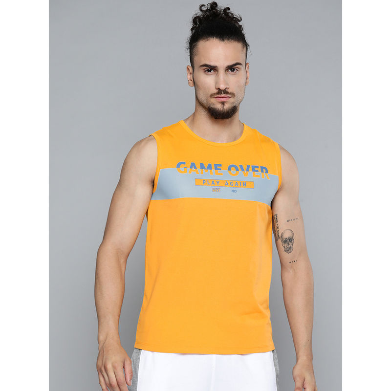 Alcis Men Mustard Yellow Typography Printed Slim Fit Gym T-Shirt (L)