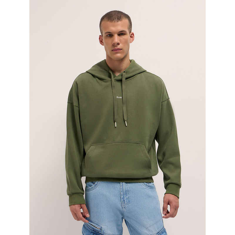 THE BEAR HOUSE Men Relaxed Fit Green Solid Casual Hoodie (M)