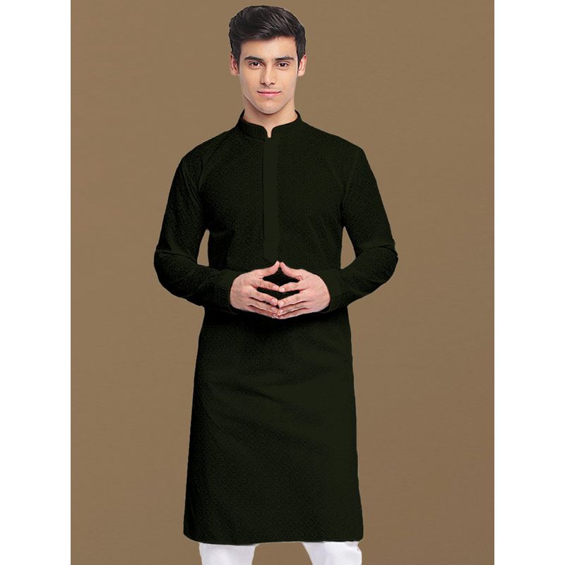 Sanwara Dapper Dazzling Mens Mehndi Green Chikankari Wear Cotton Kurta (L)
