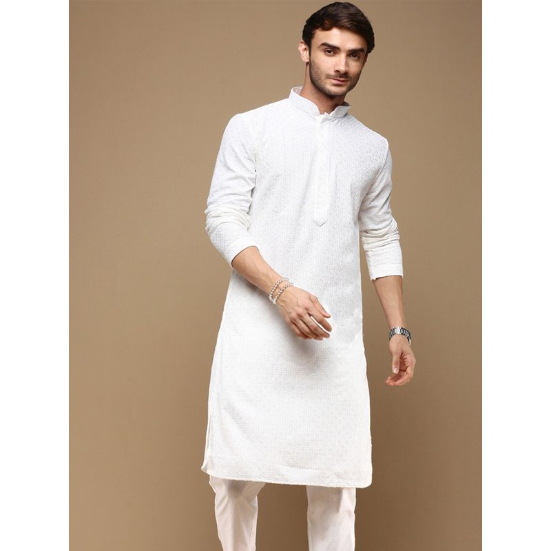 Sanwara Dapper Dazzling Mens White Chikankari with Sequins Party Wear Cotton Kurta (L)