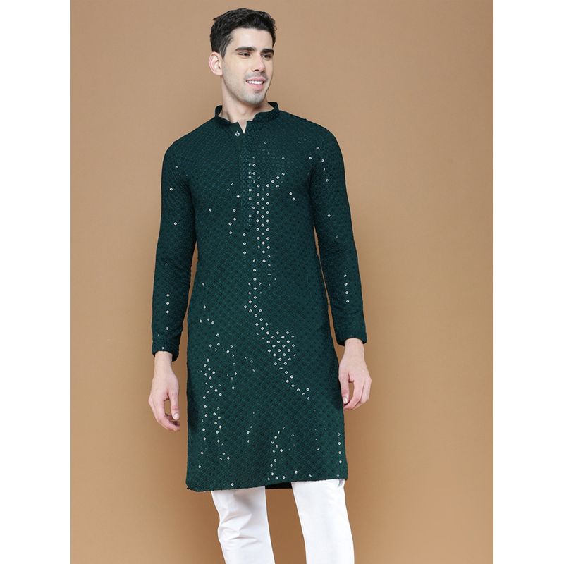 Sanwara Mens Sequins Deep Green Chikankari Party Wear Cotton Kurta (2XL)