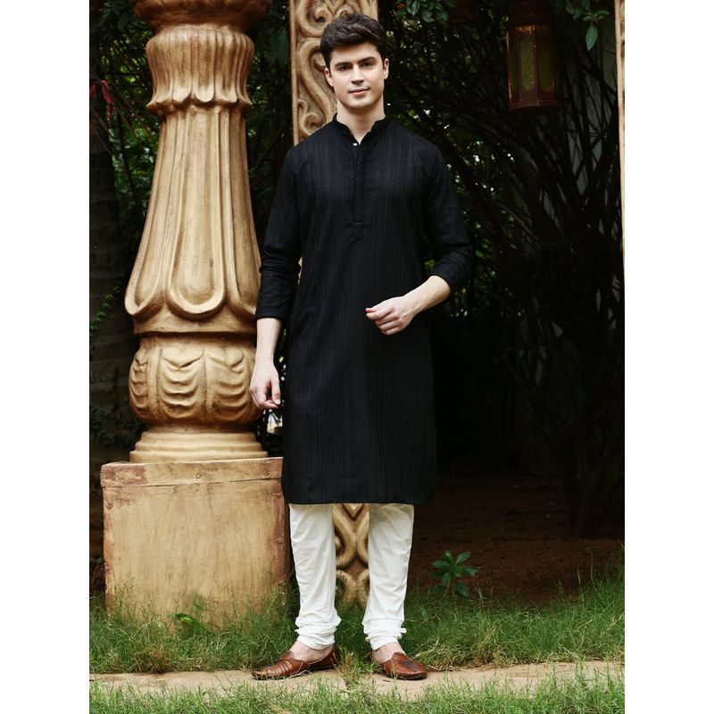 Sanwara Mens Black Chikankari Designer Cotton Kurta (M)