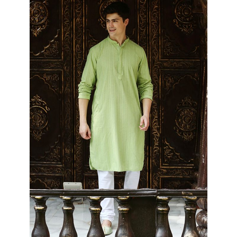Sanwara Mens Light Green Chikankari Designer Cotton Kurta (L)