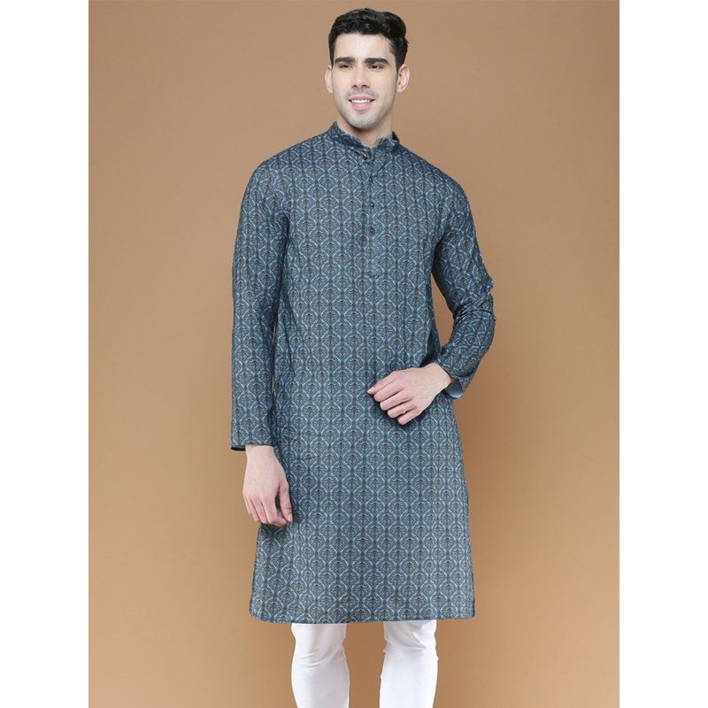 Sanwara Stylish Traditional Denim Blue Printed Cotton Kurta for Men (S)