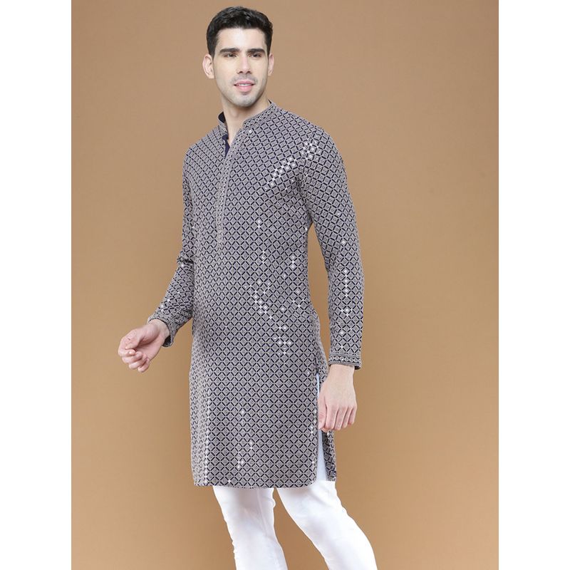 Sanwara Mens Sequins Beige Chikankari Party Wear Cotton Kurta (2XL)