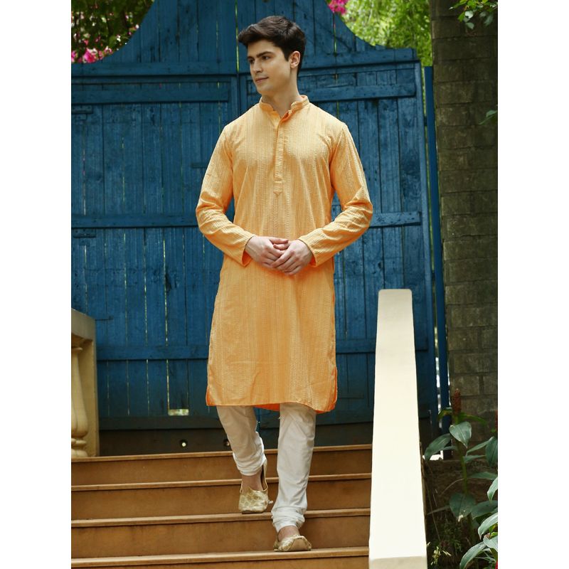 Sanwara Mens Light Yellow Chikankari Designer Cotton Kurta with Churidar Pyjamas (Set of 2) (S)