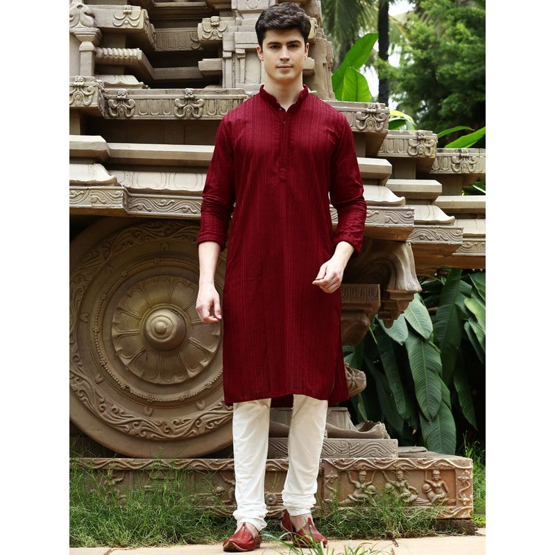 Sanwara Mens Maroon Chikankari Designer Cotton Kurta with Churidar Pyjamas (Set of 2) (M)