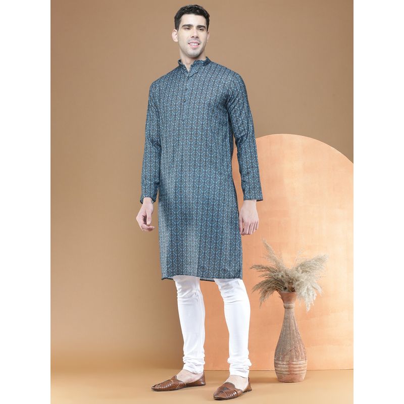Sanwara Traditional Denim Blue Printed Cotton Kurta with Churidar Pyjama for Men (Set of 2) (S)