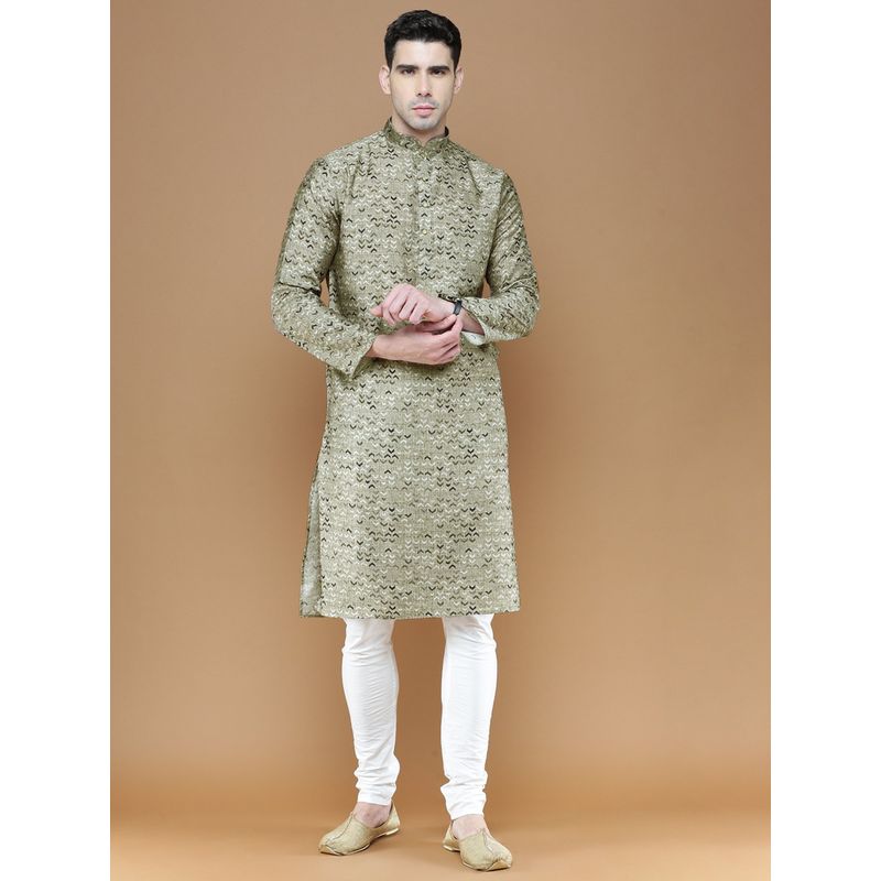 Sanwara Mens Cotton Green Printed Designer Kurta with Churidar Pyjama (Set of 2) (M)