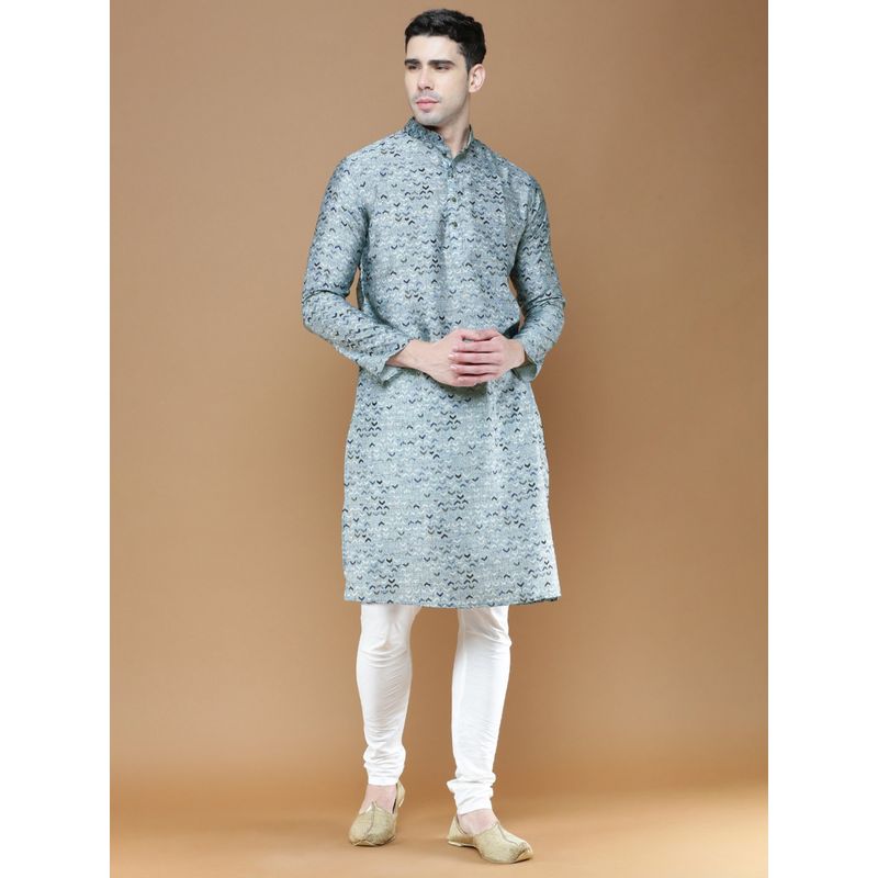 Sanwara Mens Cotton Blue Printed Designer Kurta with Churidar Pyjama (Set of 2) (M)