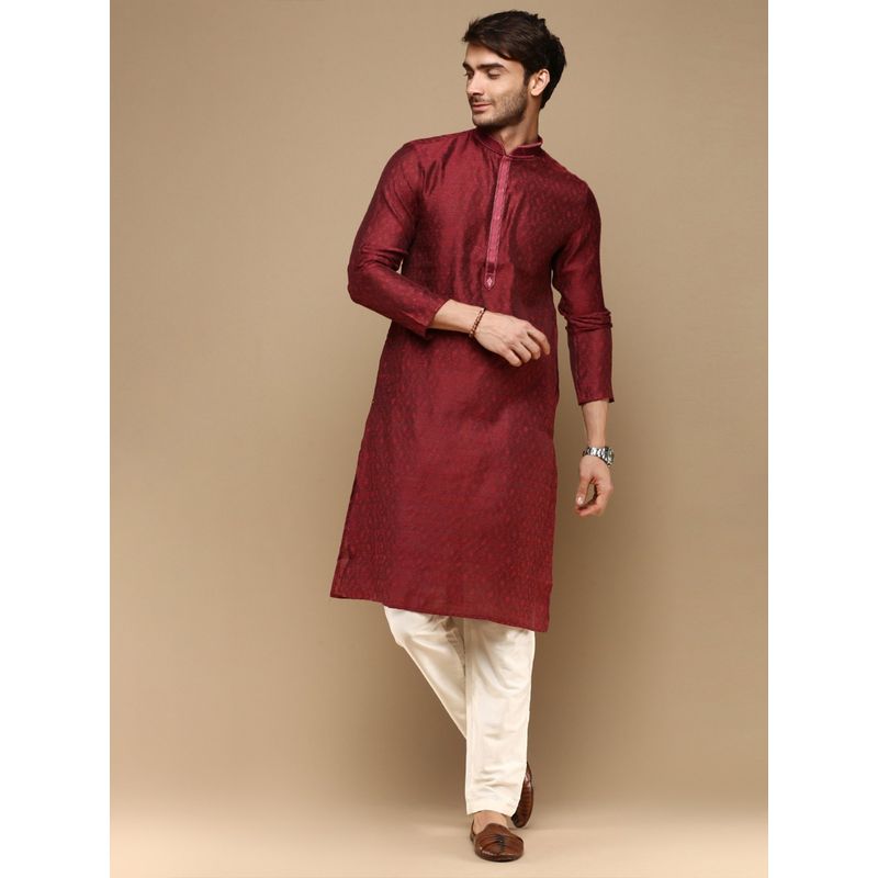 Sanwara Mens Jacquard Red Color Stylish Woven Pattern Kurta with Churidar Pyjama (Set of 2) (S)