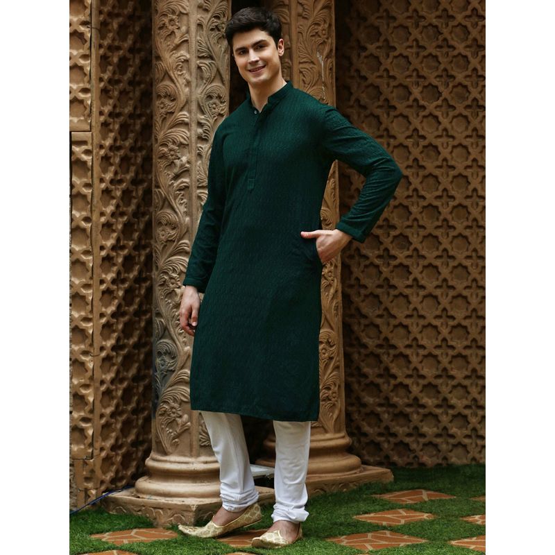 Sanwara Mens Deep Green Chikankari Designer Cotton Kurta (L)