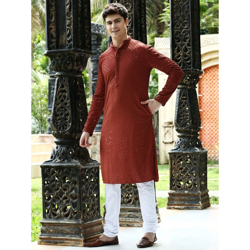 Sanwara Mens Rust Coloured Sequins with Embroidered Work Wedding Collection Kurta (M)
