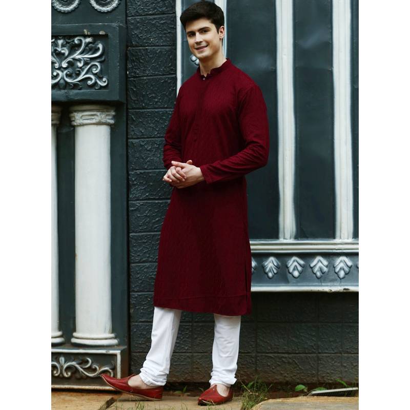 Buy Sanwara Mens Maroon Chikankari Designer Cotton Kurta with Churidar ...