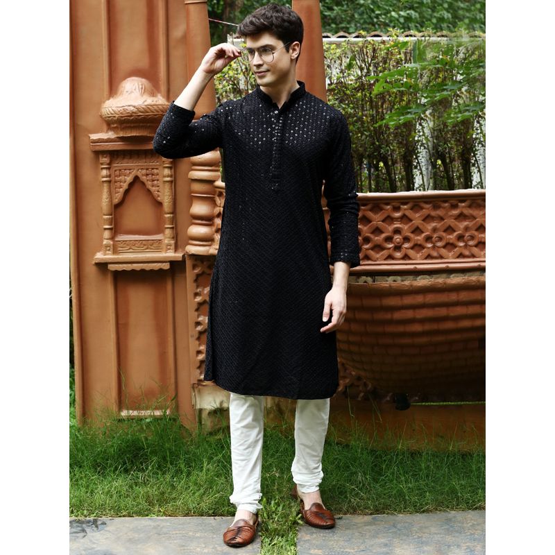 Sanwara Mens Black Sequins with Chikankari Work Wedding Kurta with Churidar Pyjamas (Set of 2) (XL)