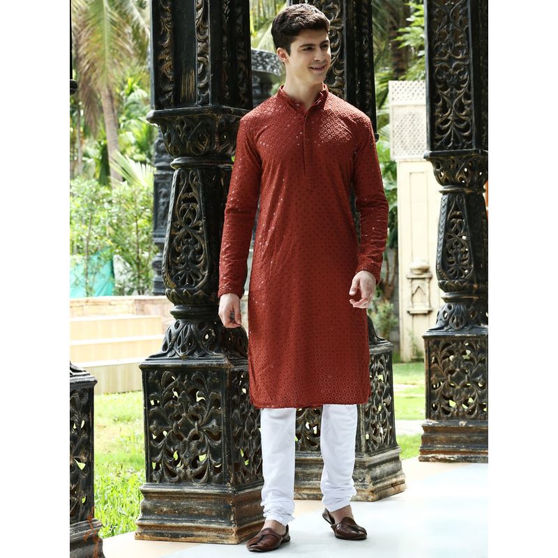 Sanwara Mens Rust Sequins with Chikankari Wedding Kurta with Churidar Pyjamas (Set of 2) (M)