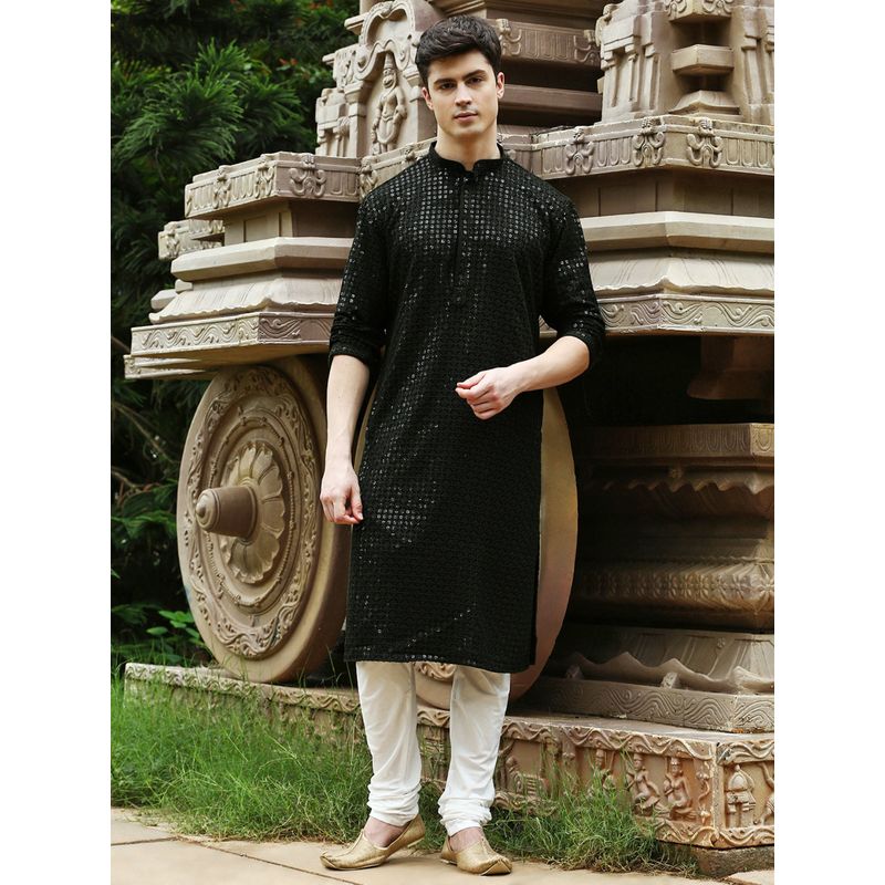 Sanwara Mens Olive Sequins with Chikankari Wedding Kurta with Churidar Pyjamas (Set of 2) (L)