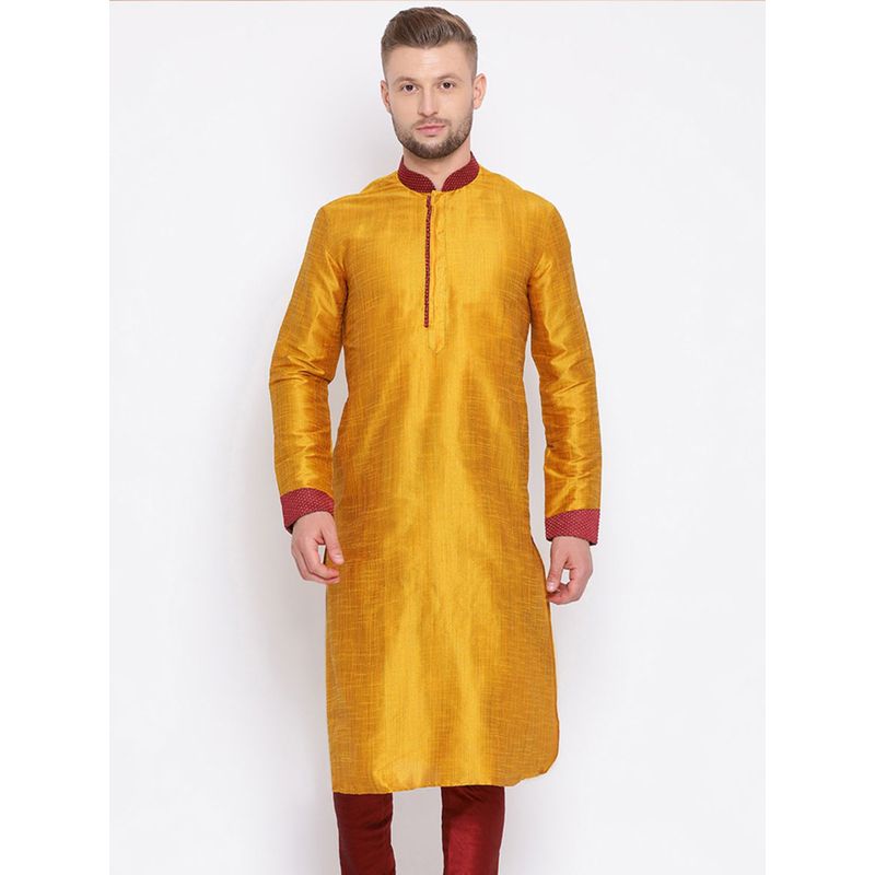 Sanwara Mens Woven Festive Yellow Jacquard Kurta (S)