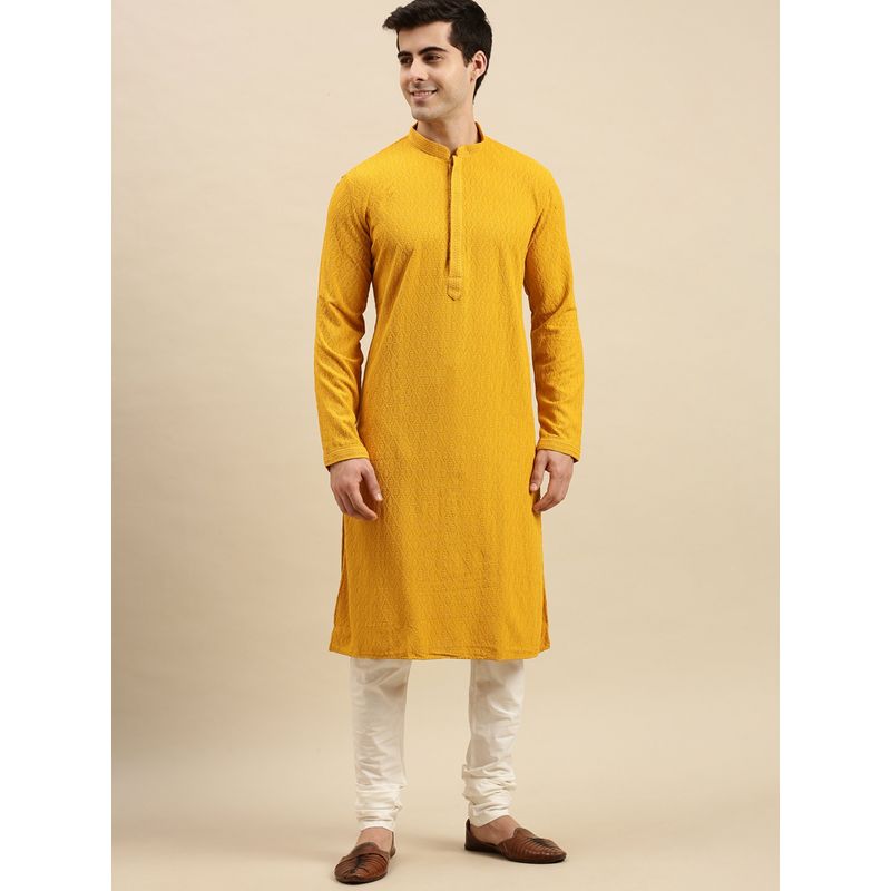 Sanwara Elegant Mustard Chikankari Cotton Kurta with Churidar Pyjama for Men (Set of 2) (L)
