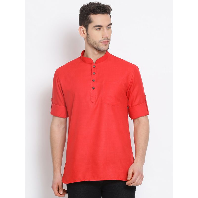 Sanwara Mens Solid Trendy Tomato Red Cotton Short Kurta (S)