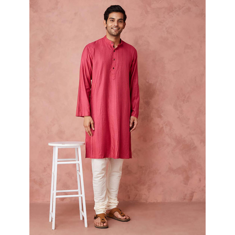 Fabindia Pink Viscose Silk Pintucks Long Kurta (S)