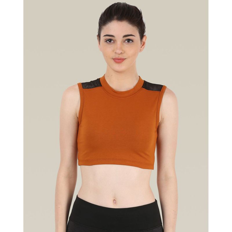 The Dance Bible Sleeveless Round Neck Mesh Design Rust Color Crop Top (M)