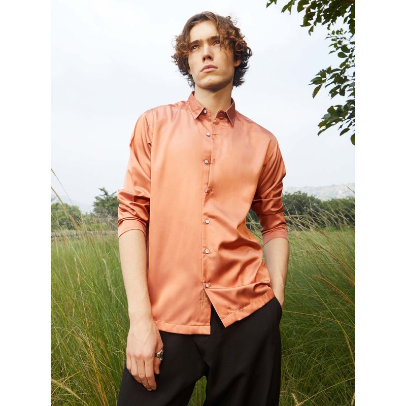 Campus Sutra Mens Copper Orange Satin Regular Shirt (S)