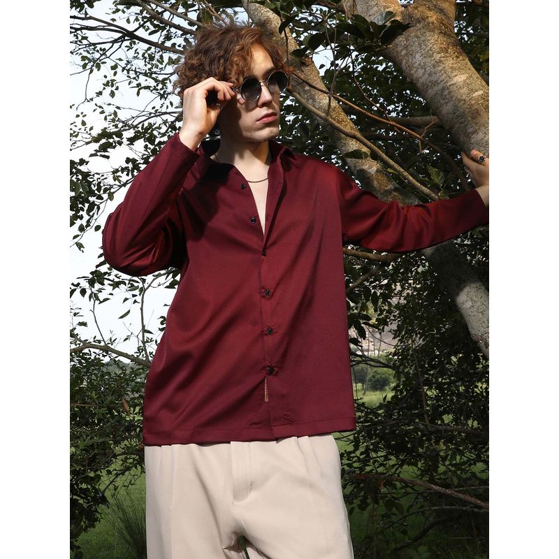 Campus Sutra Mens Wine Satin Oversized Shirt (XL)
