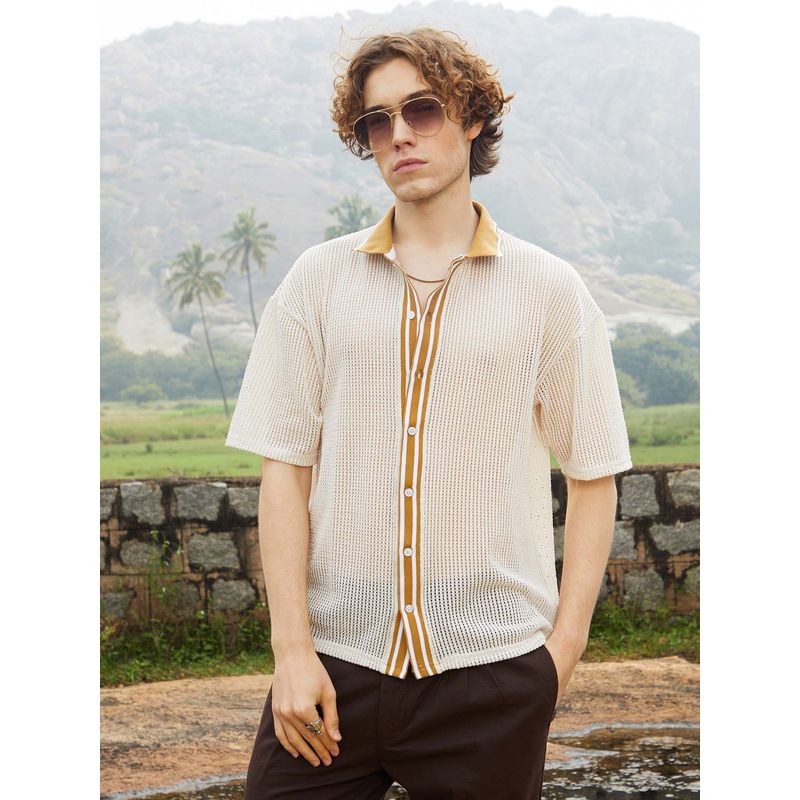 Campus Sutra Mens Saltbox Beige Retro-Knit Oversized Shirt (L)