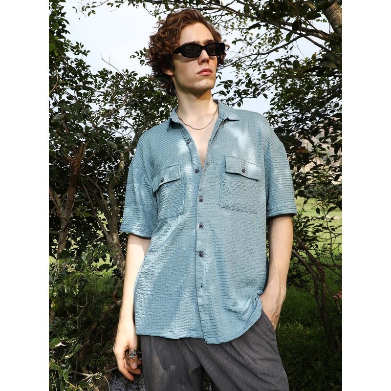 Campus Sutra Mens Sage Green Tactile-Utility Oversized Shirt (S)