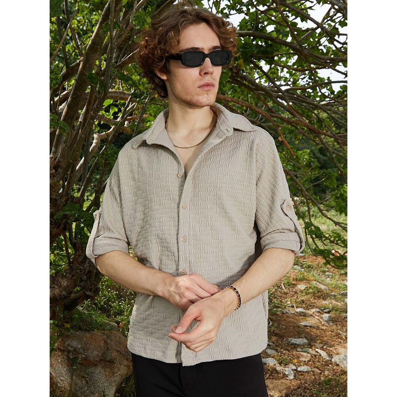 Campus Sutra Mens Hazelnut Beige Wave Length-Tactile Shirt (M)