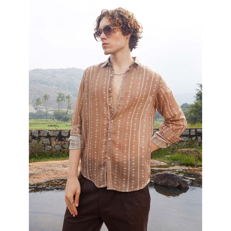 Campus Sutra Mens Camel Brown Ethnic Imprint Shirt (M)