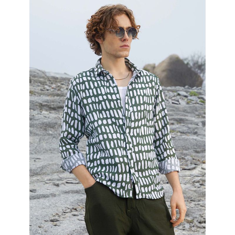 Campus Sutra Mens Army Green Gravel Printed Shirt (L)
